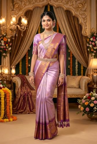 SREE KUMARAN Women's Kanchipuram Kubera Silk Pure Pattu Sarees – Deer Butta With Blouse (VSK161-6)