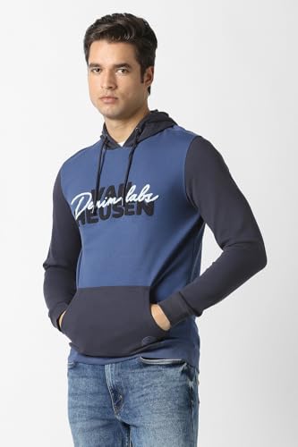 Men Blue Embroidered Hooded Neck Sweatshirt