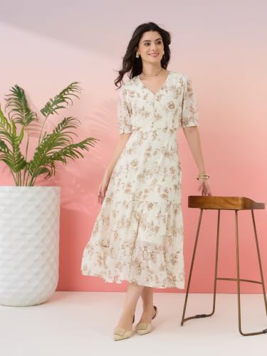 Latin Quarters Women's Off White Printed V-Neck Half Sleeves Casual Fit & Flare Dress_M