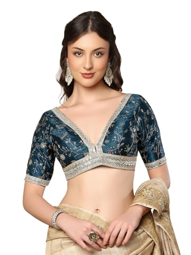 SALWAR STUDIO Blue V Neck Embroidered Readymade Saree Blouse