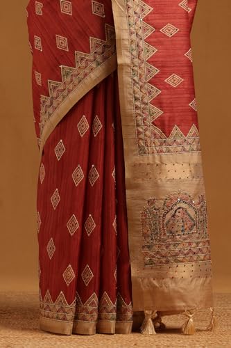 Soch Womens Rust Tussar Geometric Saree