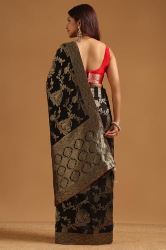 Soch Womens Black Satin Botanical Zari Woven Saree
