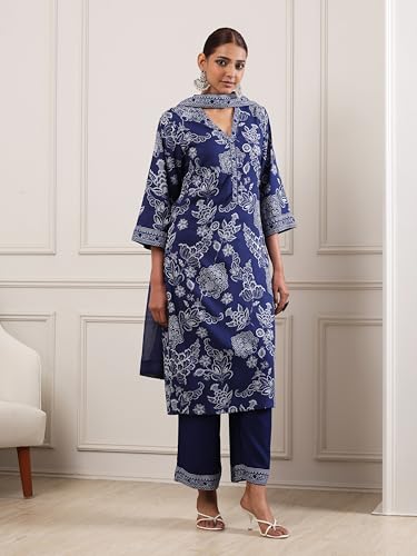 Biba Women Navy Blue Viscose Rayon Straight Suit Set_36