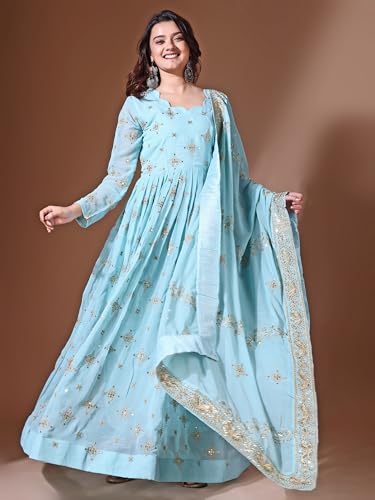 Fashion Basket Georgette Sequins Long Dress for Women (in, Alpha, 2XL, Regular, SKU Blue)