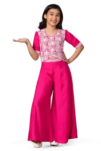 Fashion Dream Girl's Silk Blend Ethnic Top and Palazzo Set |Kids Salwar Suit Set|Embroidered Suit for Girls|Indo Western Set (FDGSET00226 PNK 24_Pink_5-6 Years)