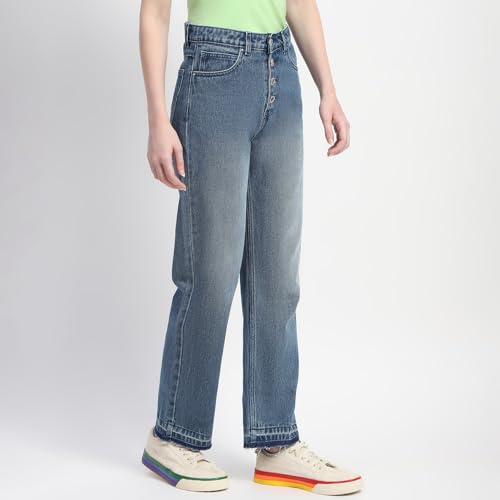 Madame Four Buttoned Stone Wash High Waisted Blue Denim