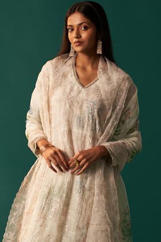 Wishful Women's White Floral Printed and Embroidered Layered Cotton Blend Kurta with Pant and Dupatta Set (SP12869-401079-2XL)