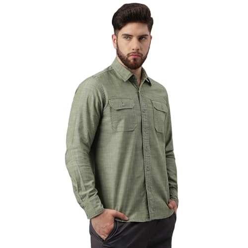 Woodland Men Cotton Solid Regular Fit Long Sleeves Shirts (Olive, S)