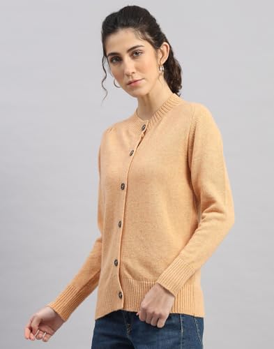 Monte Carlo Womens Regular Fit Solid Full Sleeve Round Neck Cardigan | Warm Woolen Buttoned Sweater for Ladies | Stylish Knitted Cardigan for Women's Orange XXL