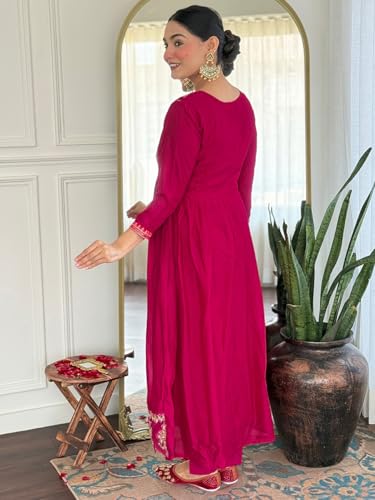 VARNI FABRICS: A lady's First Love Women's Vichitra Silk Pink Embroidered Flared Kurta With Pant And Dupatta,Ethnic Set (IN, Alpha, M, Regular)