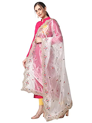 DUPATTA BAZAAR Women's White Embroidered Glass Tissue Dupatta with Cutwork
