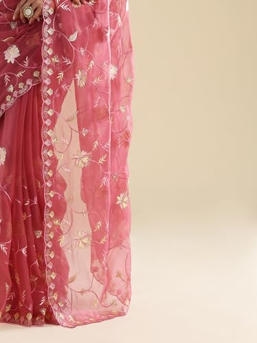AKHILAM Women's Pink Poly Chiffon Embroidered Embroidered Saree With Unstitched Blouse Piece (ANIKA4204_AG)