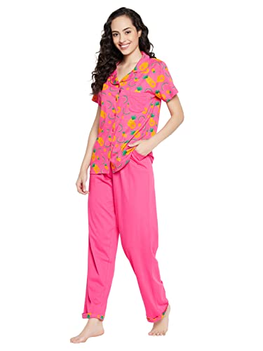 Clovia Women's Cotton Printed Button Me Up Shirt & Pyjama Set (LS0025D14_Pink_M)