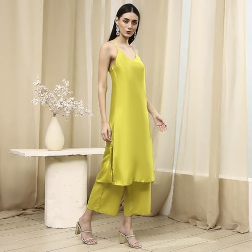 BIBA Women Lime Green Embroidered Straight Suit Set_32