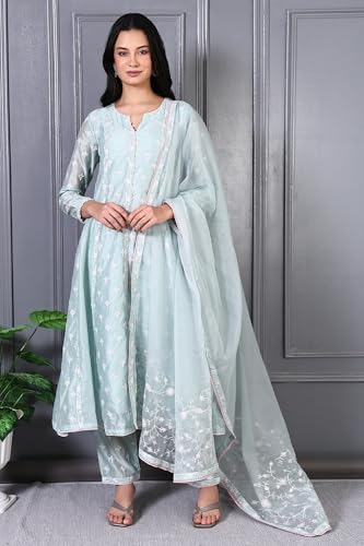 Wishful Women’s Thread Embroidered Silk Chanderi Flared Kurta and Straight Pant, Dupatta Set (Size: XL)-SP12468-400951