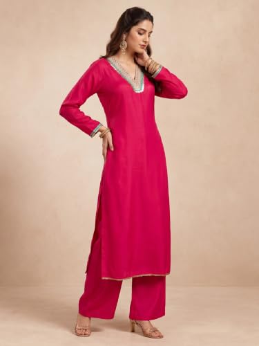 Varanga Women Red Kurta Trousers Set V Neck Silk Blend Zari