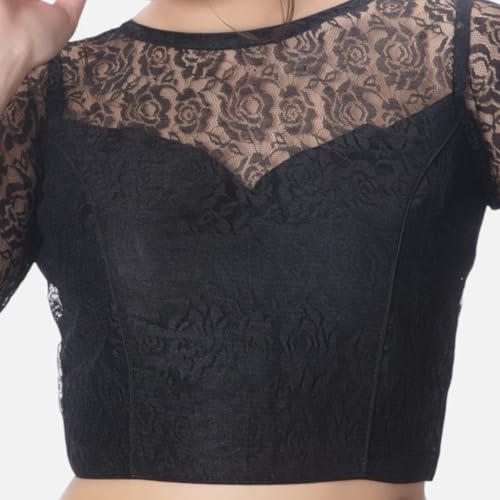 Biyu Women's Floral Net 3/4th Sleeves High Neck Readymade Saree Blouse (Black, 46)