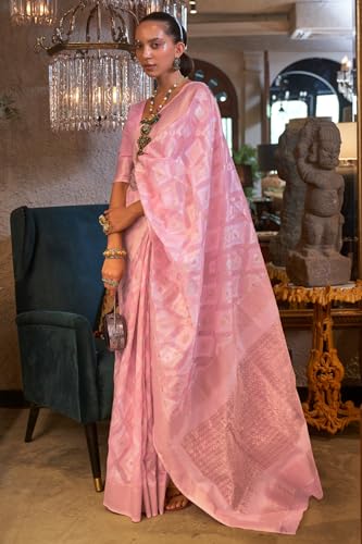 SGF11- Women's Kanjivaram Soft Cotton Linen Silk Zari Woven Soft Silk Saree With Blouse Piece (Light Pink)