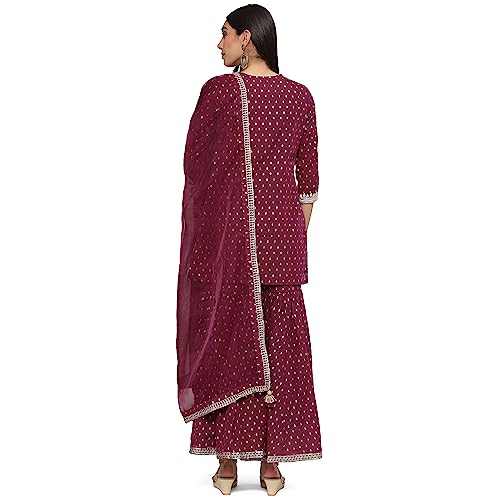 BIBA WOMEN YARNDYED RELAXED SALWAR KURTA DUPATTA(SKDBANARAS8142_WINE_32)