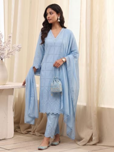 BIBA 100% Cotton Solid Casual Straight Kurta With Palazzo And Dupatta