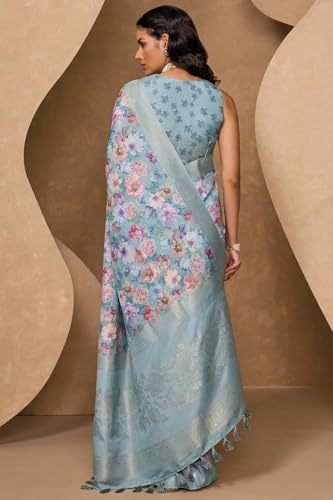 Soch Womens Powder Blue Chanderi Floral Print Saree