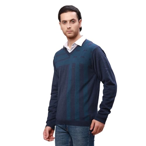Park Avenue Men's Regular Fit Acrylic Wool Blend Full Sleeve V Neck Checks Pattern Dark Blue Casual Sweater (Size: XS)-PCWA00267-B8