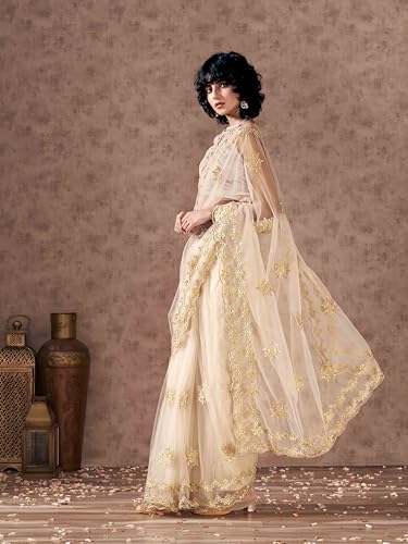 Womanista Women's Net Embroidered Saree (TI6565_Cream)