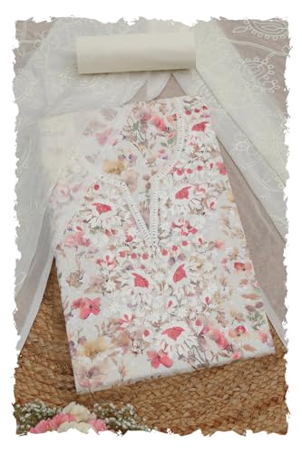 Soch Womens Cream Cotton Floral Print Unstitch Dress Material With Thread Work