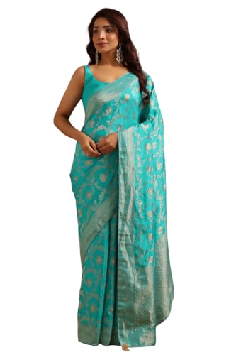 Soch Womens Turquoise Blue Crepe Botanical Zari Woven Saree