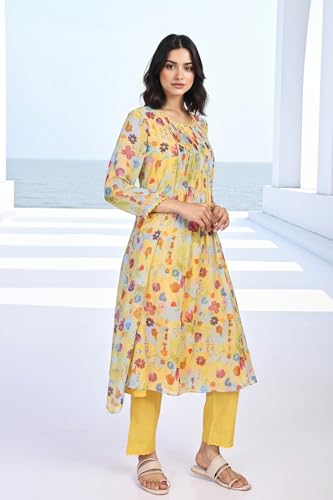 W for Woman Floral Printed Lace Trim Flared Chiffon Kurta with Pant and Dupatta Set - Yellow (WS12923-125894-M)