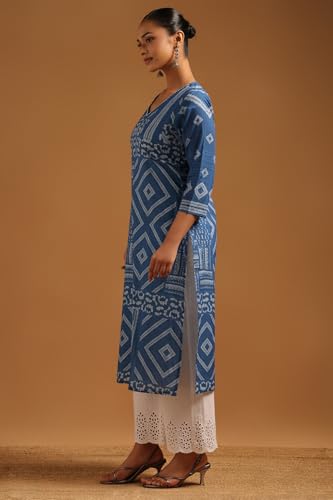 Soch Womens Indigo Cotton Geometric Kurta with Hand Embroidery and Bead Details