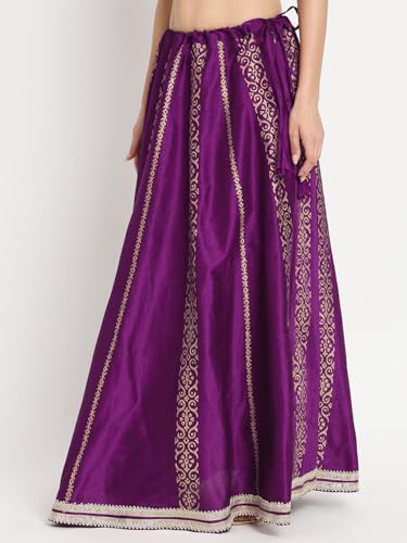 studio rasa Women's Dupion Hand Block Printed Embellished Bias Skirt for Festive Party Wedding (SKTC523RC01S_Purple_Small)