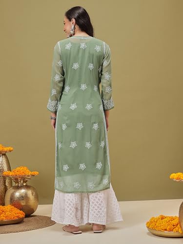 Ada Lucknowi Hand Embroidery Chikankari Georgette Kurta Kurti with Slip for Women A411217 Green (M)