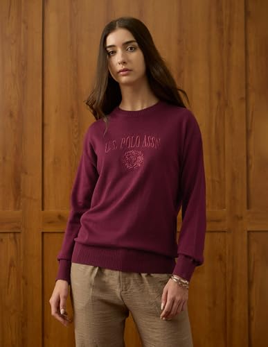U.S. POLO ASSN. Women Relaxed Fit Drop Shoulder Sweatshirt (UWAW25SWE208_Maroon_M)