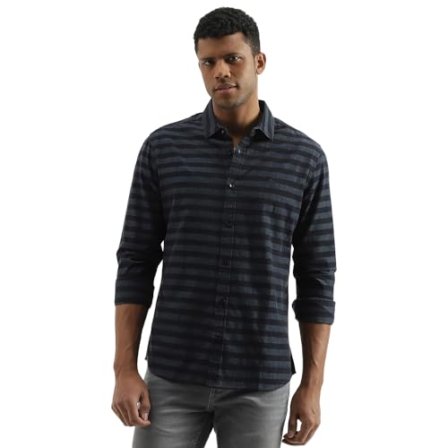 UNITED COLORS OF BENETTON Slim Fit Spread Collar Striped Shirt (Size: S)-23A5FB02U008I901 Grey