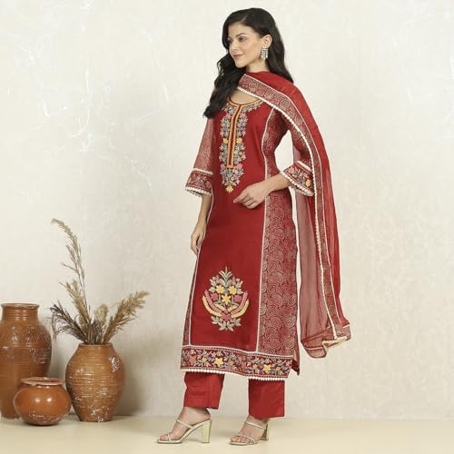 Biba Women Red Chanderi Unstitched Suit Set_Free Size