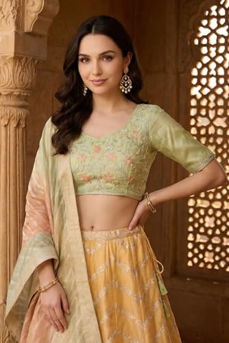 Aurelia Women's Pista Green and Yellow Embroidered Jacquard Blouse with Lehenga and Dupatta Set - (AD10759-706231-M)