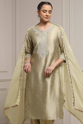 Biba Women Light Green Viscose Blend Straight Dyed Suit Set_42
