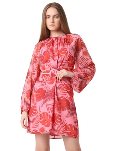 VERO MODA Women Tropical Print Pink Polyester Above Knee Length A-Line Dress