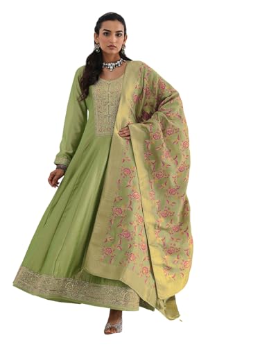 Libas Embroidered Silk Blend A-Line Ethnic Dress with Dupatta-93632L Green