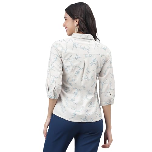 Latin Quarters Women Blue 3/4 Sleeve Shirt Collar Floral Top_XXXL