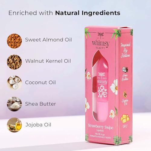 Whimsy Beauty Strawberry Swipe Lipstick for Kids and Pre-Teens | Creamy Lip Colour with Smooth Glide Finish | Long Lasting Moist Look | 4 to 16 Years | Organic, Natural, Chemical Free | 4 gms