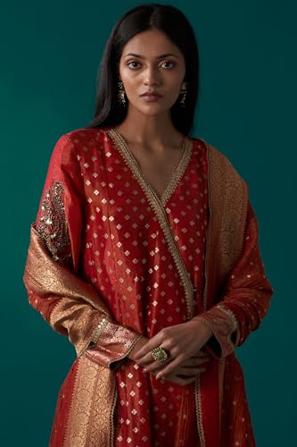 Wishful Women's Red Embroidered Tissue Jacquard Angarkha Kurta with Pant and Dupatta Set (SP12835-314436-2XL)