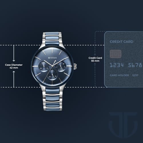 Titan Ceramic Fusion Quartz Multifunction Midnight Blue Dial Two Toned Silver and Metallic Blue Stainless Steel Bracelet Watch for Men - NT90148KD02