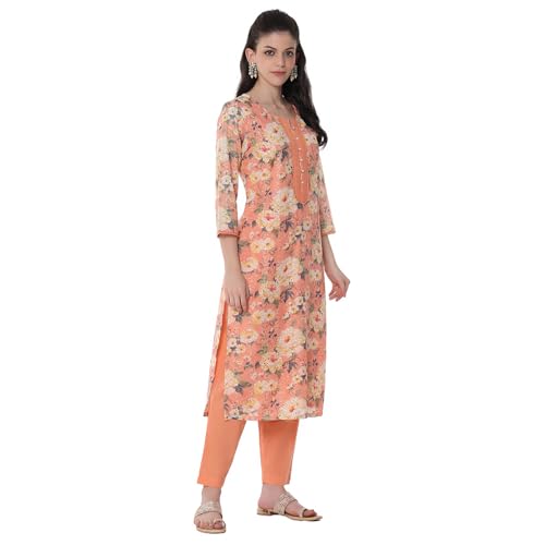 Rangriti Women's Cotton Blend Kurta Set (RTRZ20509SS25PCH_Peach