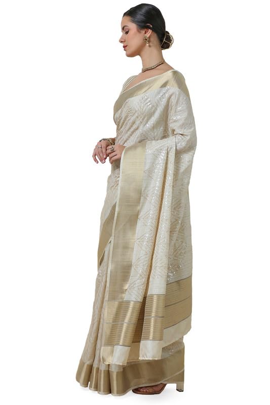 Soch Womens Beige Embroidered Tussar Saree With Sequins