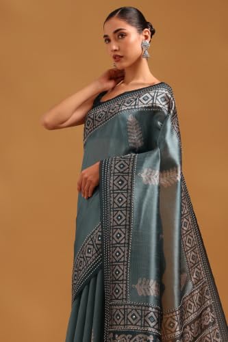 Soch Womens Turquoise Blue Tussar Batik Printed Saree With Mirror Work