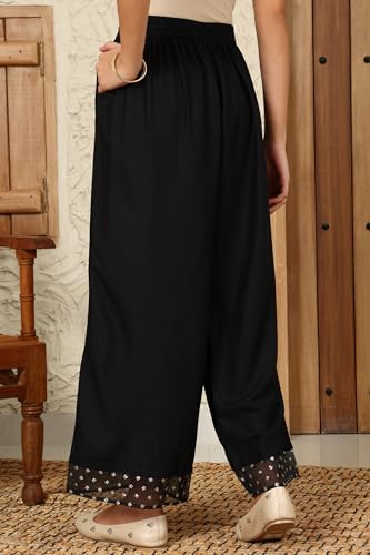 Black Solid Rayon Parallel Pants with Embellished Organza Hemline_24AUW63033-222376_S