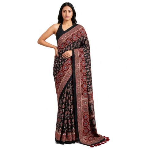 CREVEXA Gajji Silk Saree for Women with Mirror Work Border, Ajrakh Inspired Printed Designer Saree with Red Tassel Pallu and Unstitched Blouse Piece for Party Festive Wedding Ethnic Saree