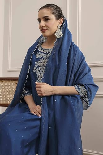 Biba Women's Silk Blend Kurta, Bottom, Dupatta (SKDDBRI30567AW25BLU